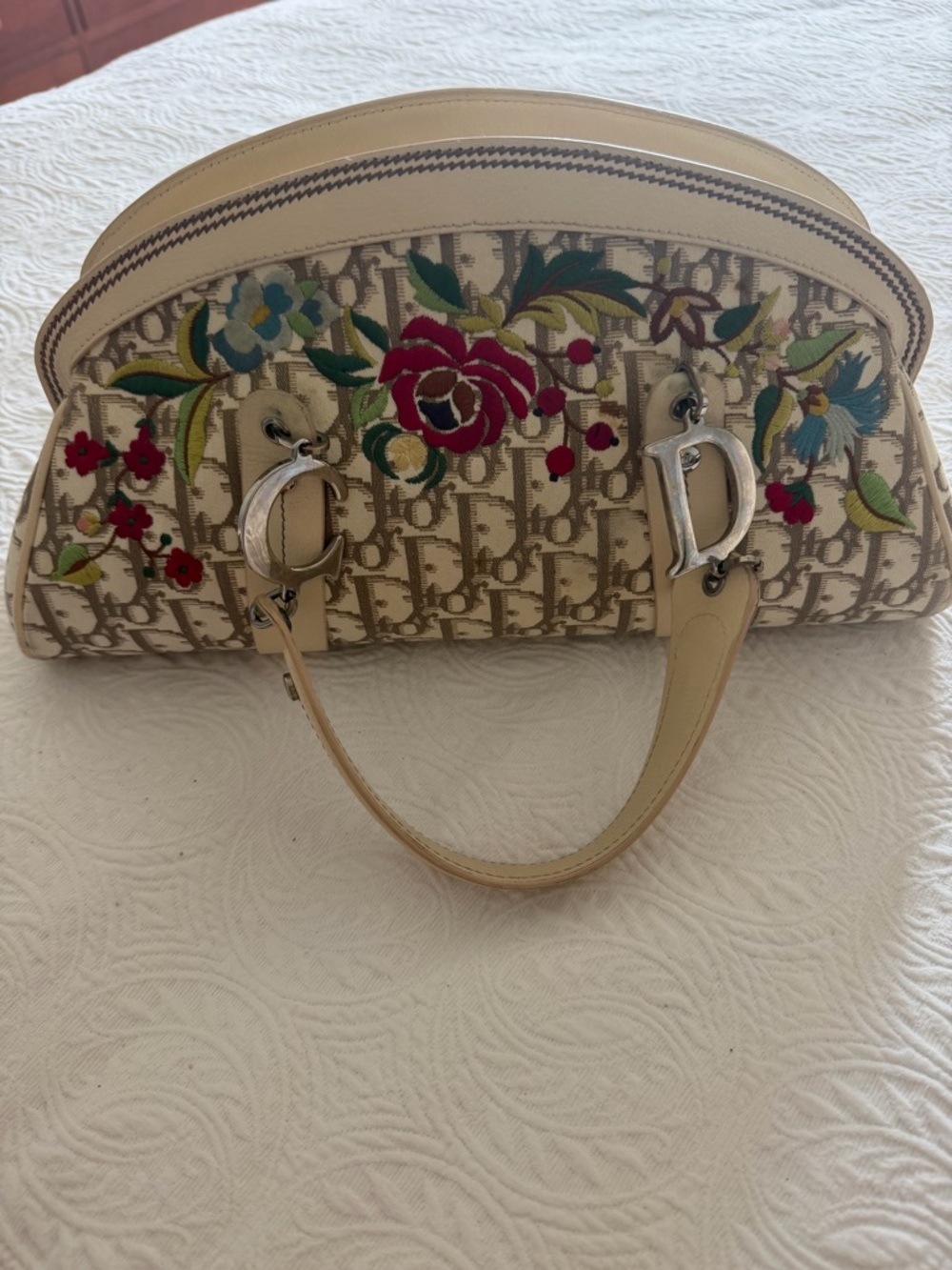 Christian Dior vintage  Canvas Floral Embroidered Satchel with Silver Hardware